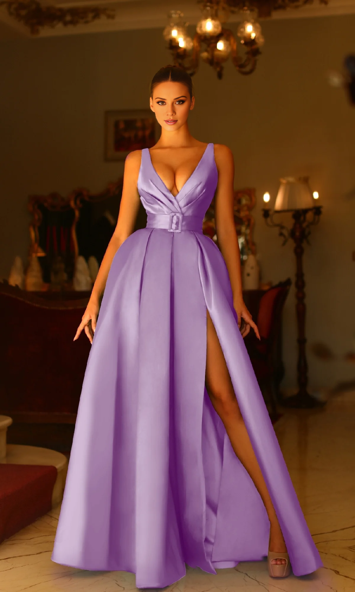 A-Line V-Neck High Slit Floor-Length Evening Dress - Chloe Dress