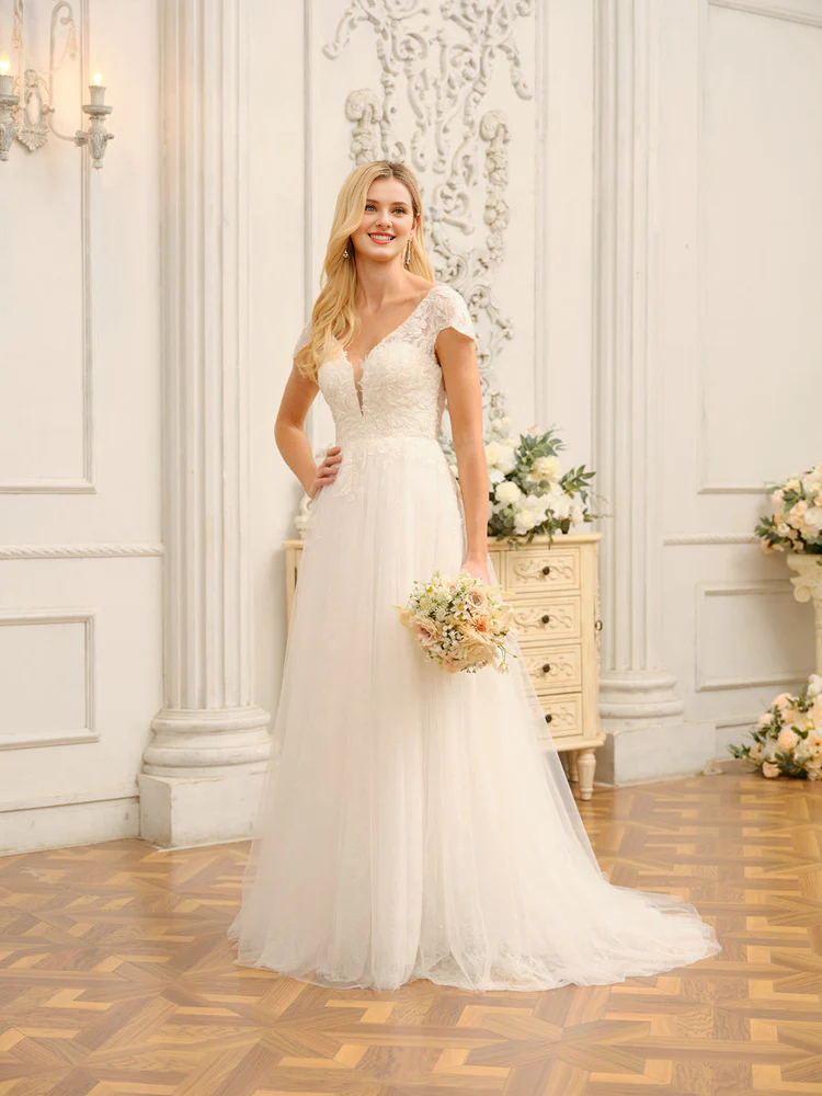 V-Neck Short Sleeve Applique Mini Wedding Dress - Chloe Dress