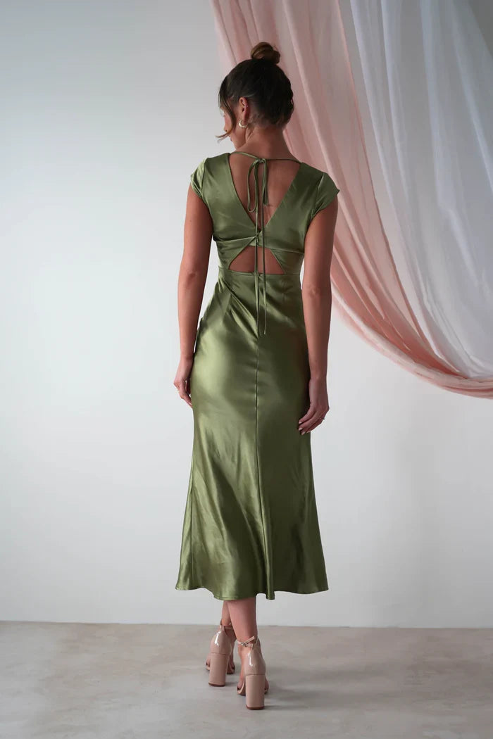 A-Line V-Neck Satin Short Sleeve Floor-Length Prom Dress - Chloe Dress