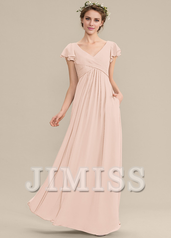 A-Line V-Neck Chiffon Ruffled Floor-Length Wedding Dress - Chloe Dress
