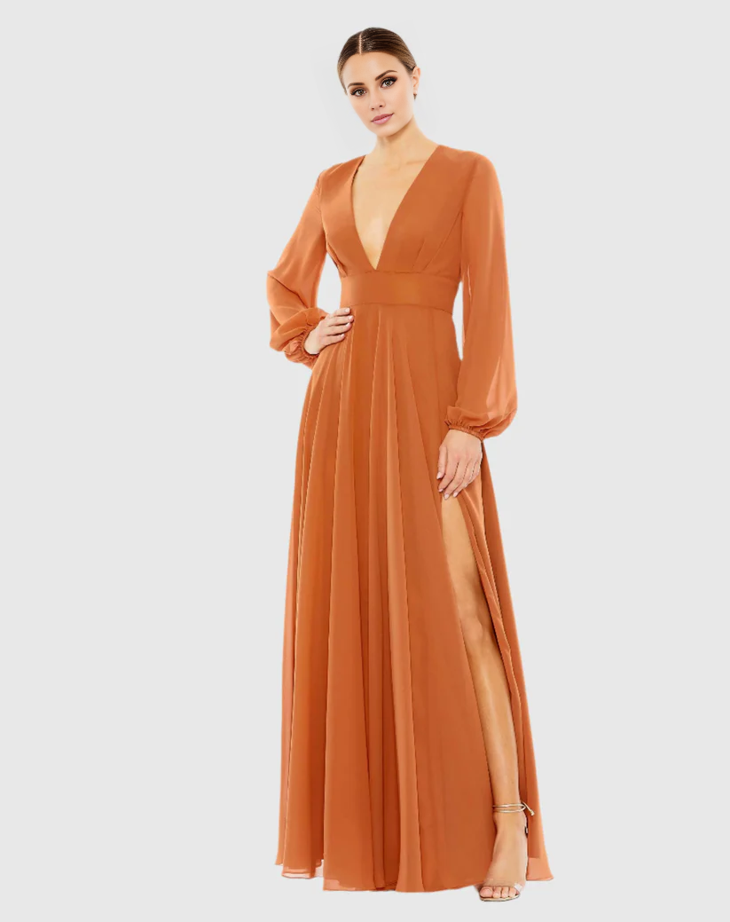 V-Neck Chiffon Long Sleeve High Slit Floor-Length Evening Dress - Chloe Dress