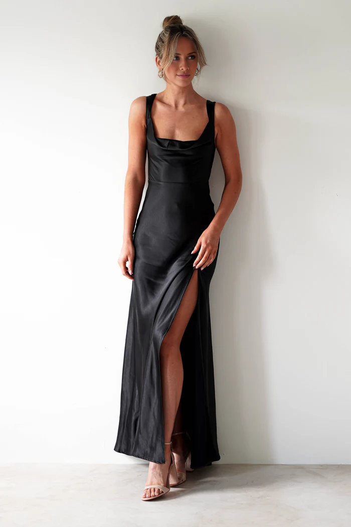Square Neck Satin Sleeveless Lace-Up Back High Slit Floor-Length Prom Dress - Chloe Dress