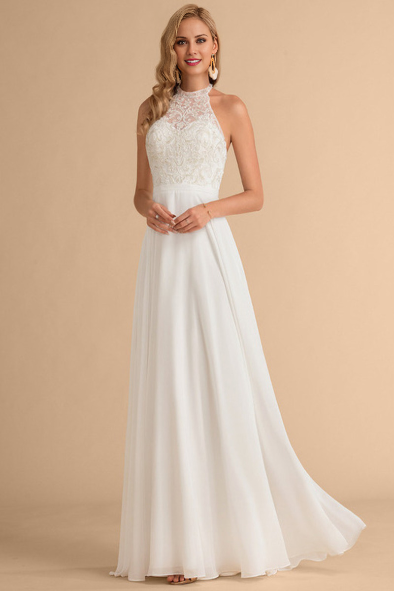 A-Line High Neck Chiffon Sleeveless Wedding Dress - Chloe Dress