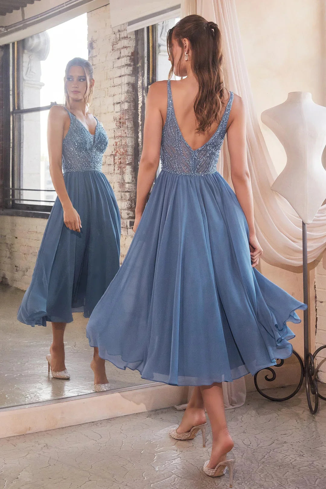 A-Line V-Neck Chiffon Sleeveless Tea-Length Dress - Chloe Dress