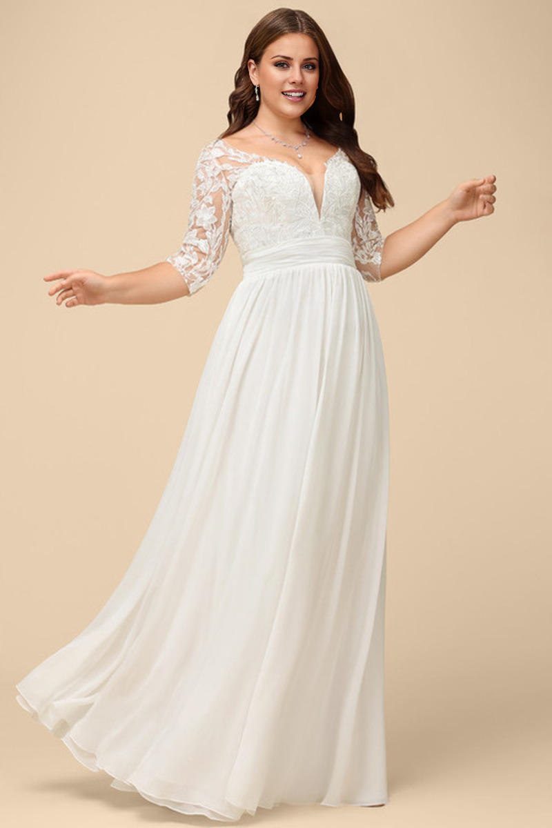 A-Line V-Neck Chiffon Three-Quarter Sleeve Ruffled Wedding Dress - Chloe Dress