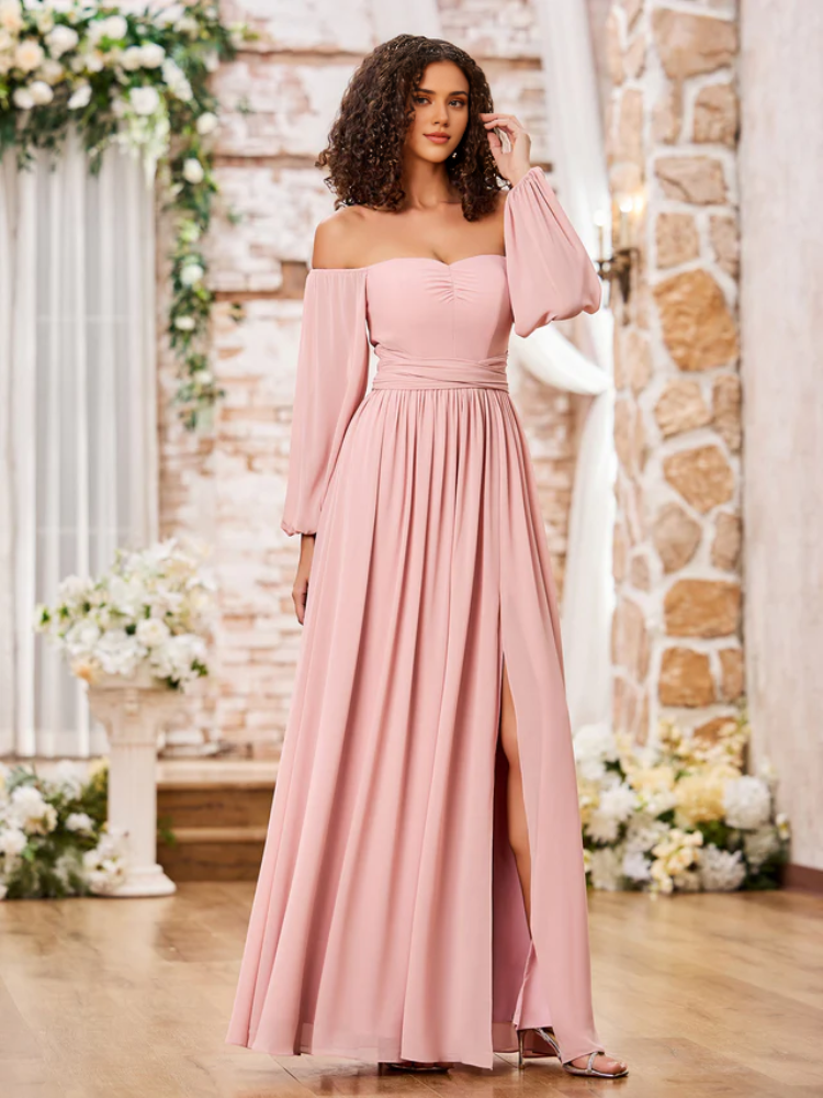 A-Line Off-Shoulder Chiffon High Slit Floor-Length Wedding Dress - Chloe Dress