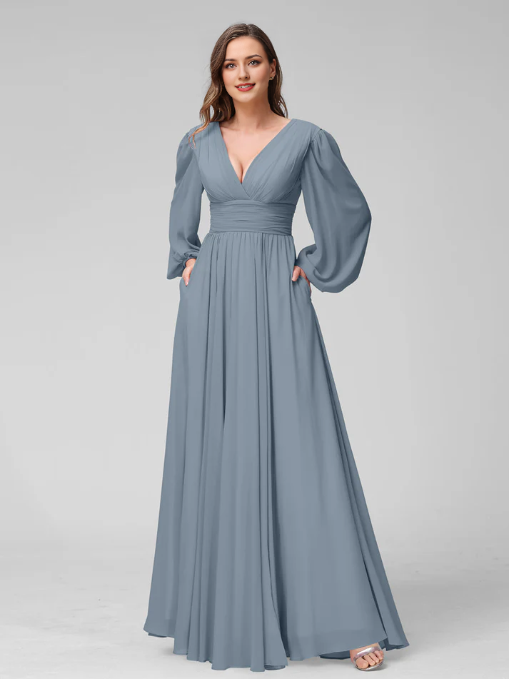 A-Line V-Neck Chiffon High Slit Floor-Length Wedding Dress - Chloe Dress