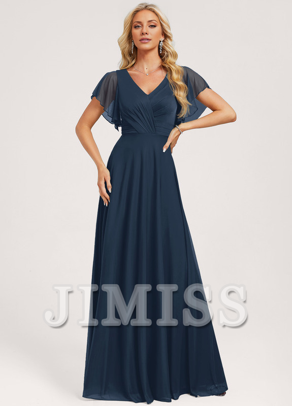 A-Line V-Neck Mesh Ruffled Floor-Length Wedding Dress - Chloe Dress