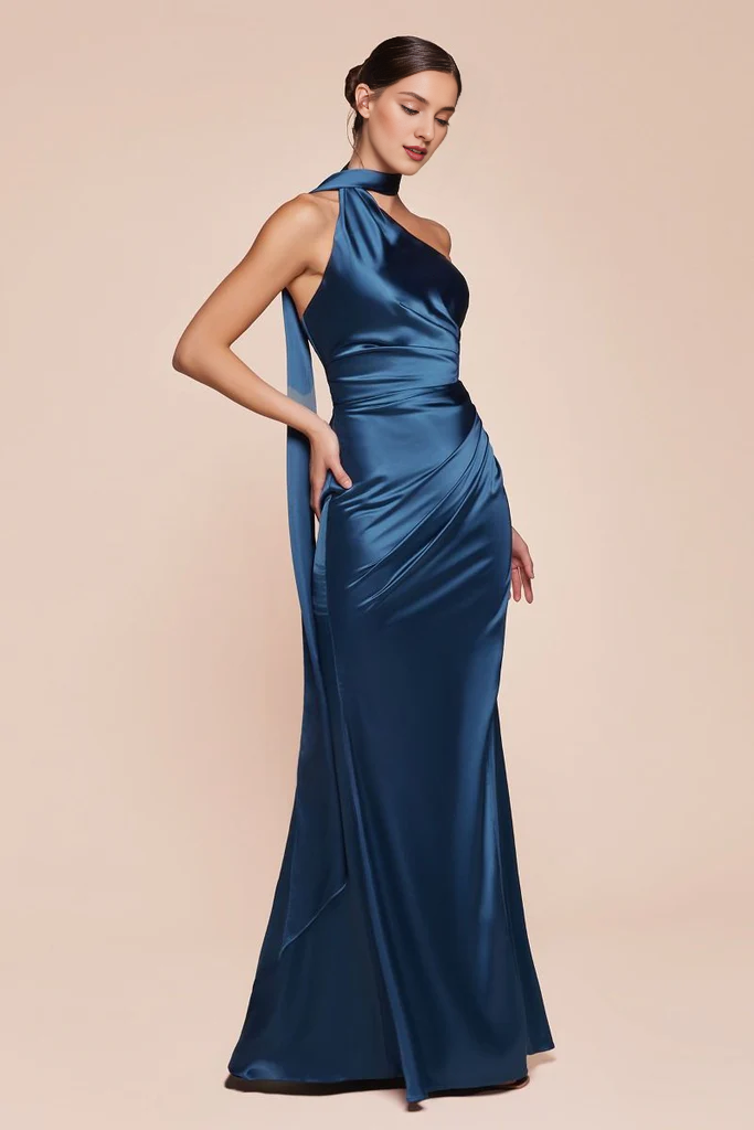One-Shoulder Satin Floor-Length Evening Gown - Chloe Dress