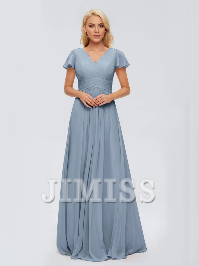 A-Line V-Neck Chiffon High Slit Floor-Length Wedding Dress - Chloe Dress
