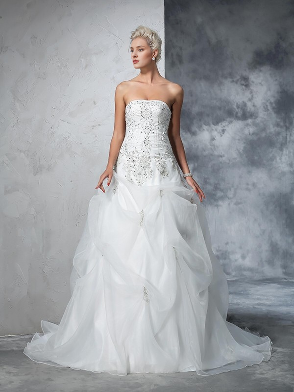 Ball Gown Strapless Organza Sleeveless Beaded Wedding Gown - Chloe Dress