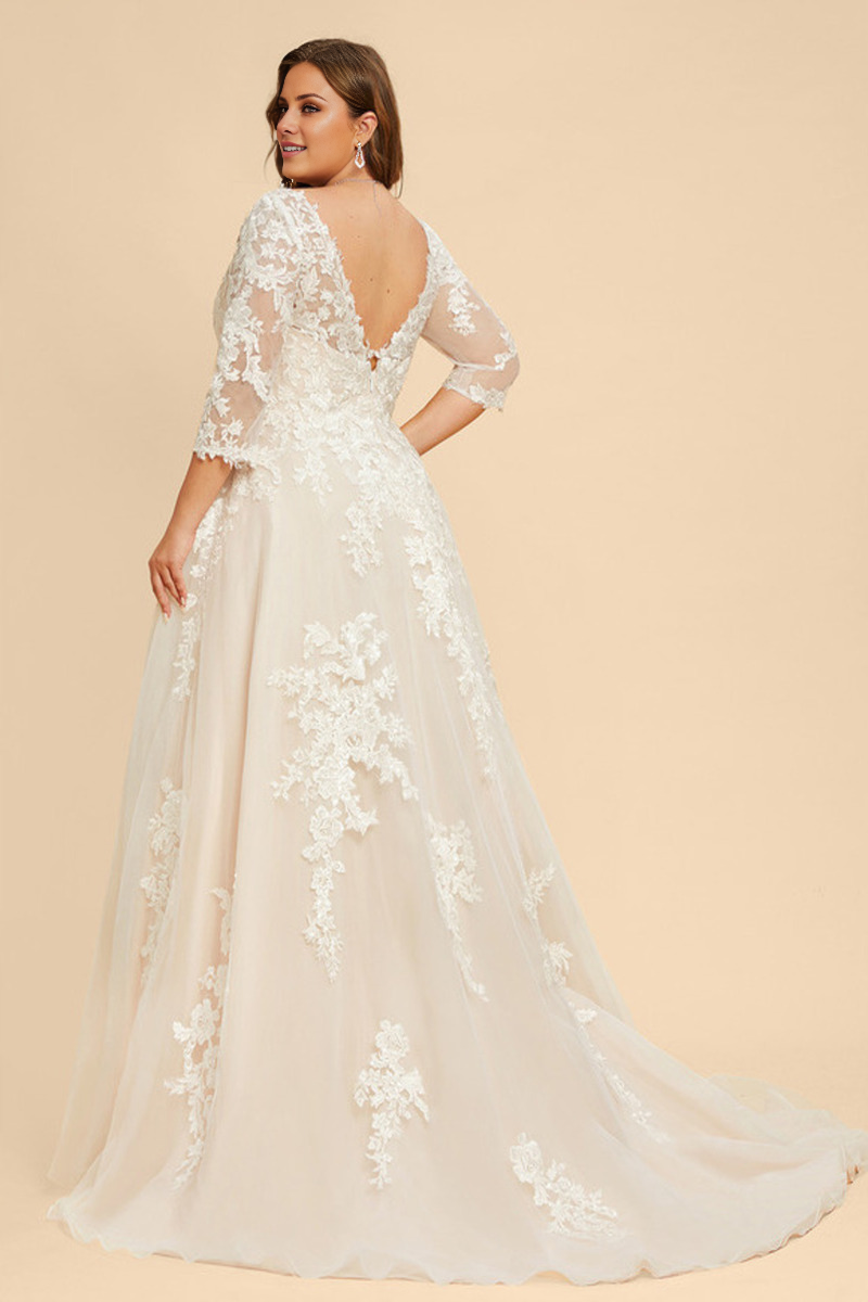 A-Line V-Neck Chiffon Three-Quarter Sleeve Wedding Dress - Chloe Dress