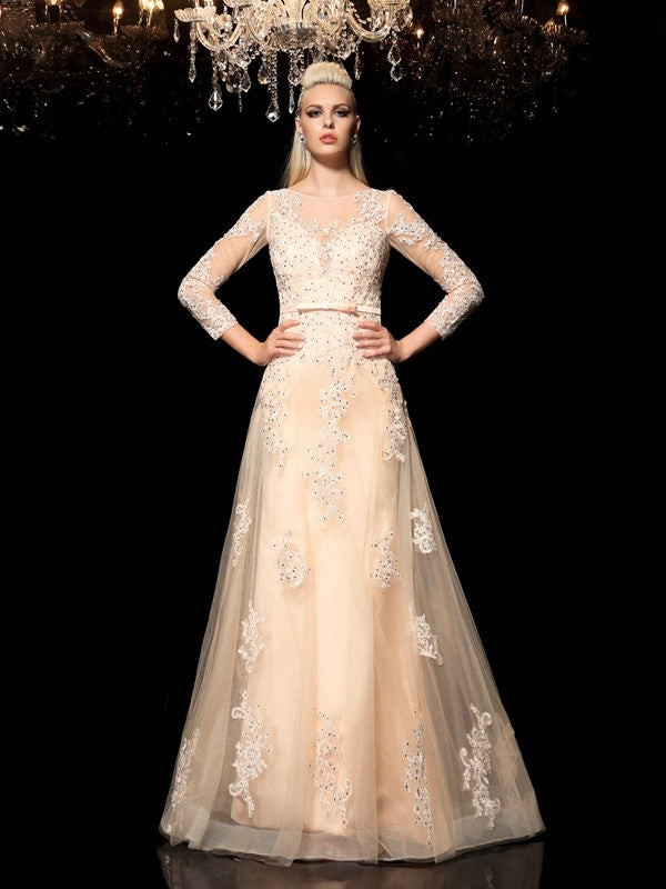 A-Line Satin Long Sleeve Applique Dress - Chloe Dress