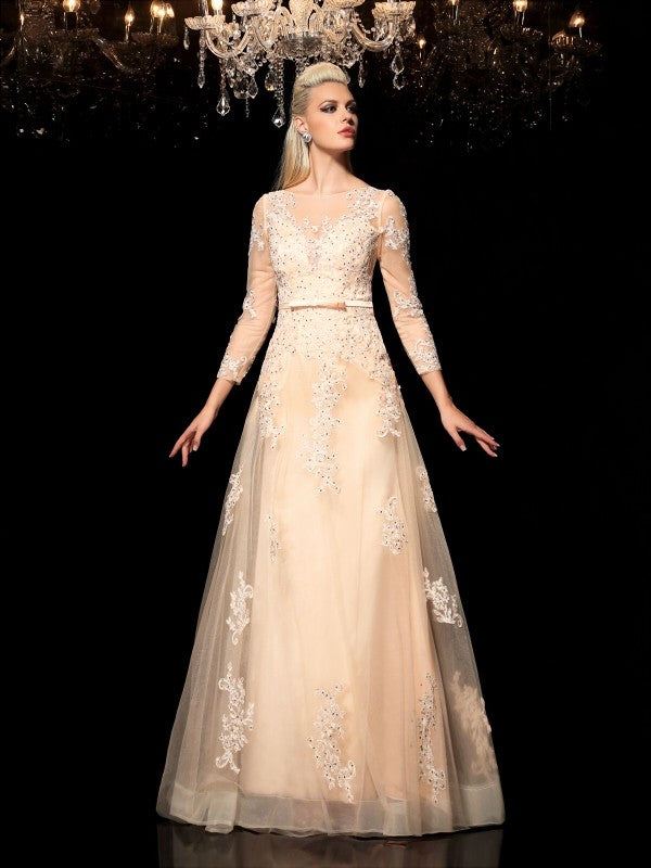 A-Line Satin Long Sleeve Applique Dress - Chloe Dress