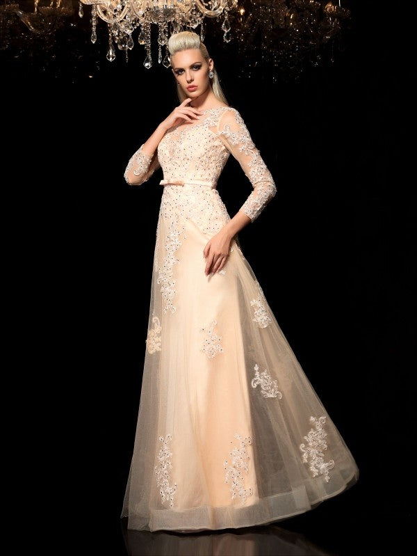 A-Line Satin Long Sleeve Applique Dress - Chloe Dress