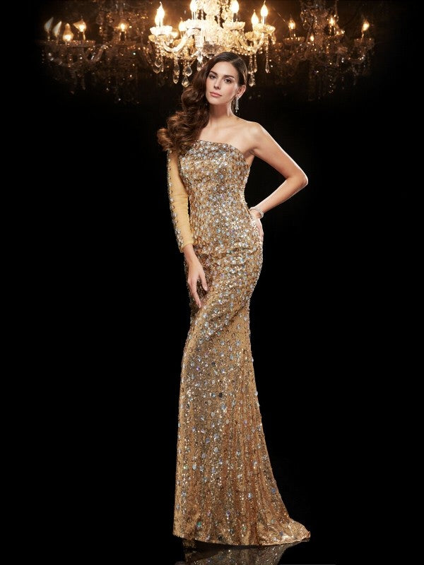 Mermaid One-Shoulder Sequin Three-Quarter Sleeve Dress - Chloe Dress