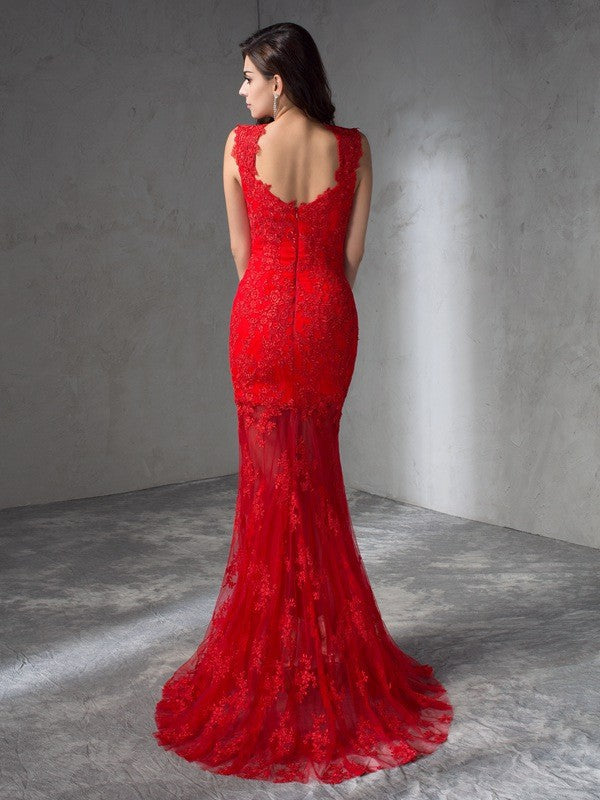 Mermaid V-Neck Satin Sleeveless Applique Dress - Chloe Dress