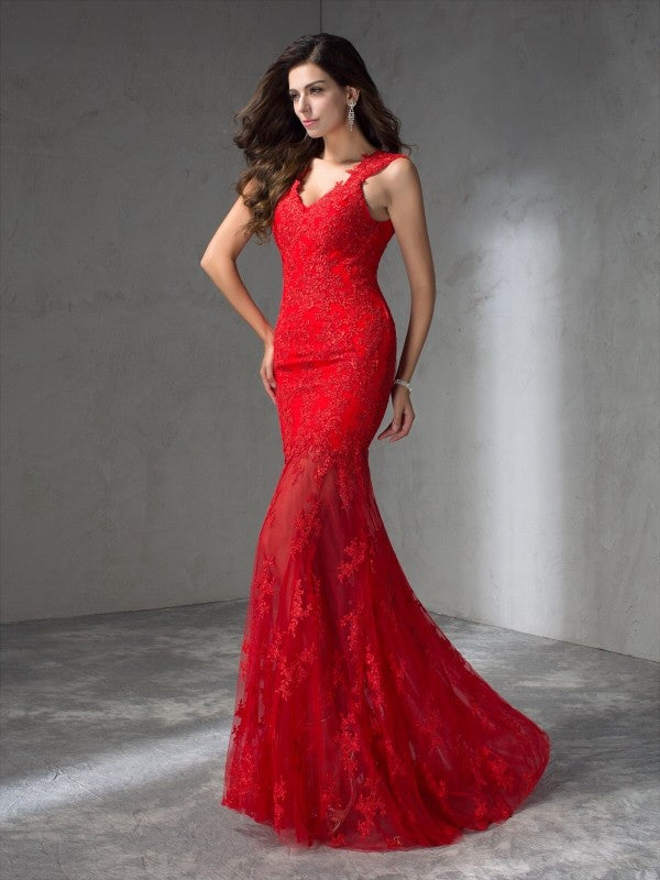 Mermaid V-Neck Satin Sleeveless Applique Dress - Chloe Dress