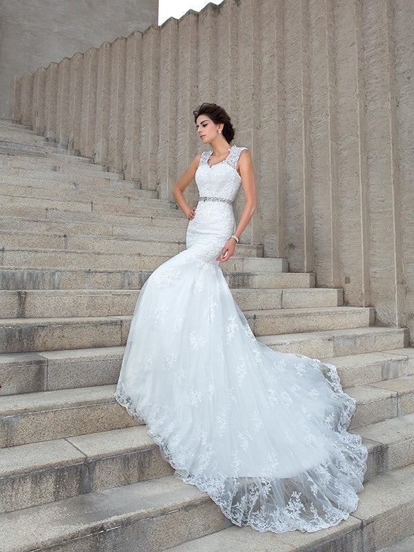 Mermaid V-Neck Lace Sleeveless Applique Wedding Dress - Chloe Dress