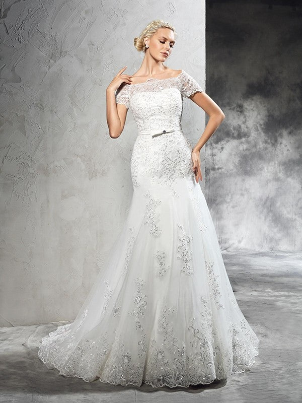 Sheath Short Sleeve Applique Mini Wedding Dress - Chloe Dress