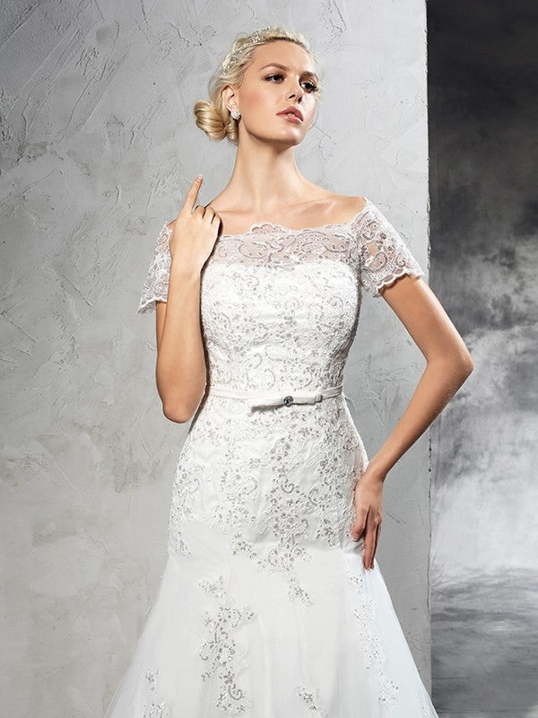 Sheath Short Sleeve Applique Mini Wedding Dress - Chloe Dress