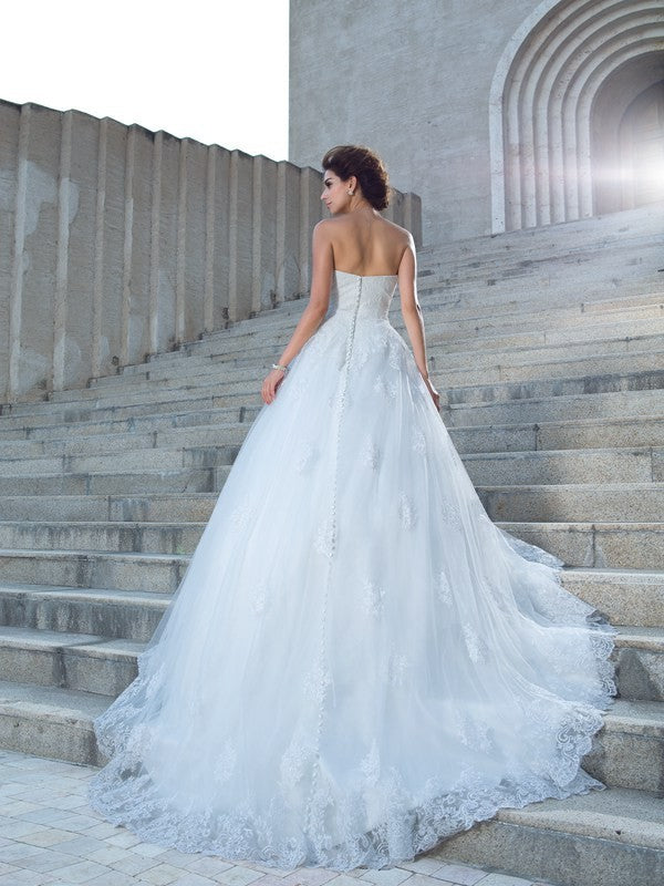 Ball Gown Spaghetti Strap Satin Sleeveless Applique Wedding Gown - Chloe Dress