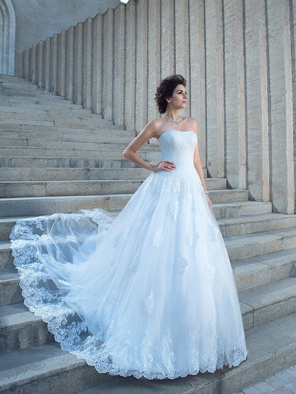 Ball Gown Spaghetti Strap Satin Sleeveless Applique Wedding Gown - Chloe Dress