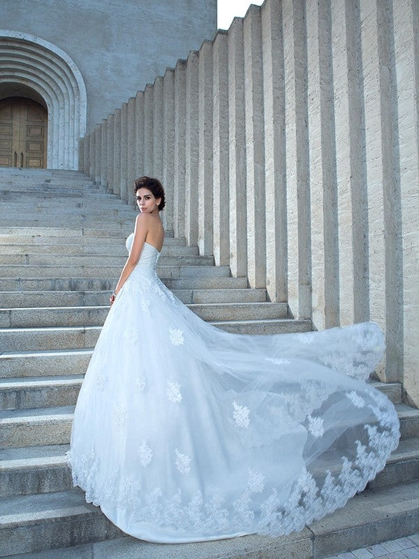 Ball Gown Spaghetti Strap Satin Sleeveless Applique Wedding Gown - Chloe Dress
