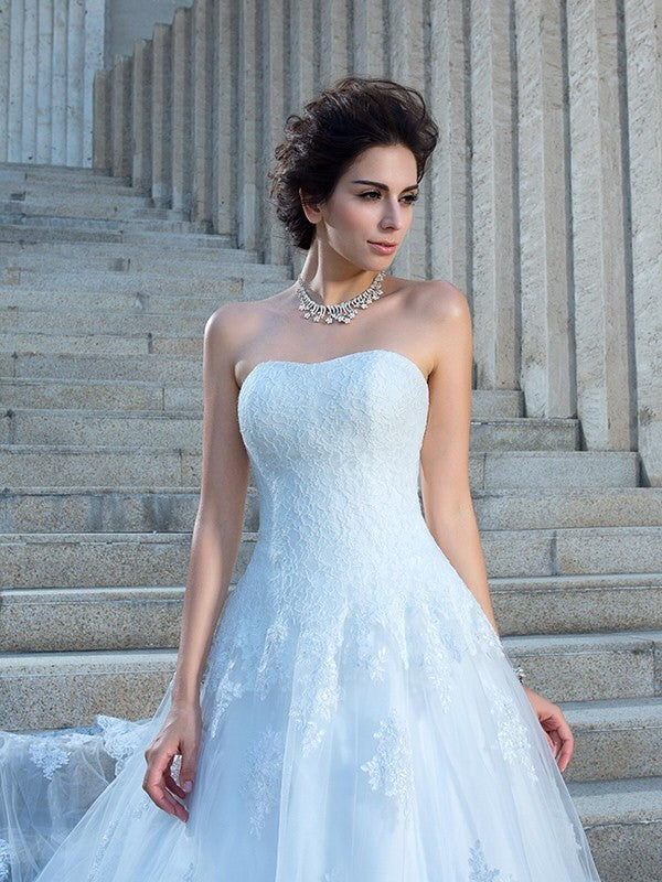 Ball Gown Spaghetti Strap Satin Sleeveless Applique Wedding Gown - Chloe Dress