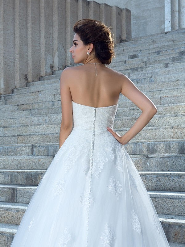 Ball Gown Spaghetti Strap Satin Sleeveless Applique Wedding Gown - Chloe Dress