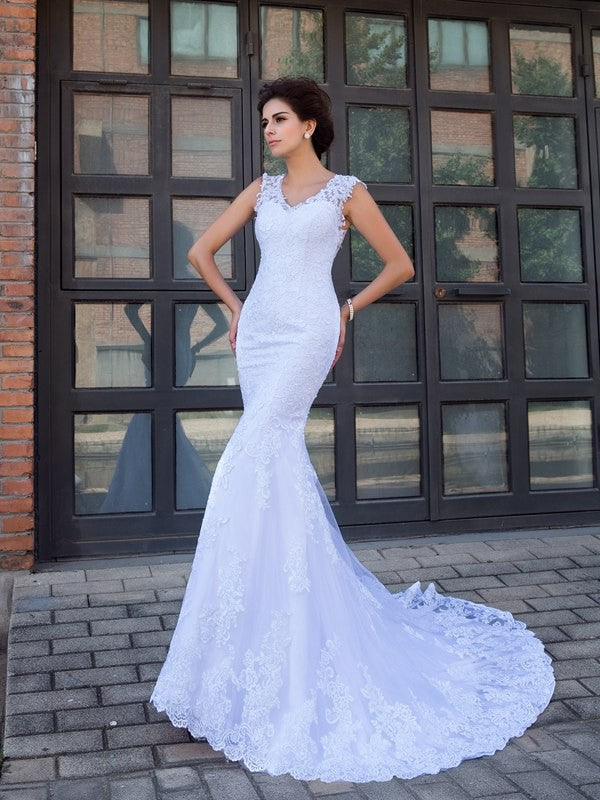 Mermaid V-Neck Satin Sleeveless Applique Wedding Dress - Chloe Dress