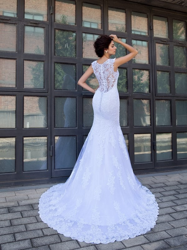 Mermaid V-Neck Satin Sleeveless Applique Wedding Dress - Chloe Dress