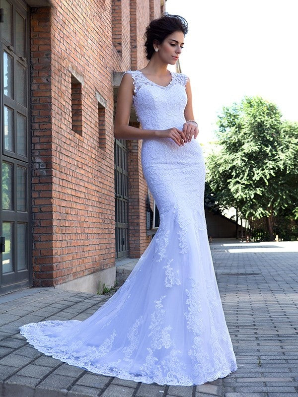 Mermaid V-Neck Satin Sleeveless Applique Wedding Dress - Chloe Dress