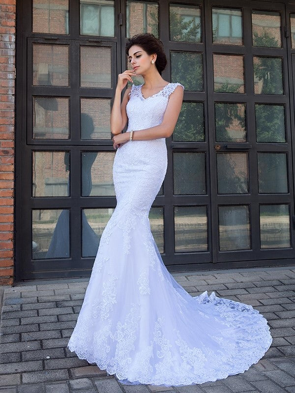 Mermaid V-Neck Satin Sleeveless Applique Wedding Dress - Chloe Dress