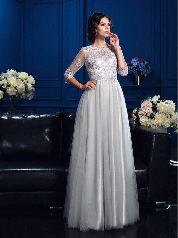 A-Line Satin Three-Quarter Sleeve Applique Dress - Chloe Dress