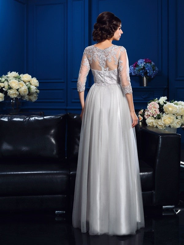 A-Line Satin Three-Quarter Sleeve Applique Dress - Chloe Dress