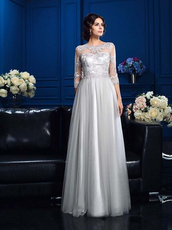 A-Line Satin Three-Quarter Sleeve Applique Dress - Chloe Dress