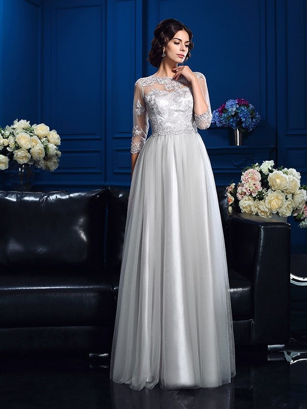 A-Line Satin Three-Quarter Sleeve Applique Dress - Chloe Dress
