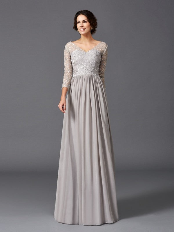 A-Line V-Neck Chiffon Three-Quarter Sleeve Ruffled Dress - Chloe Dress