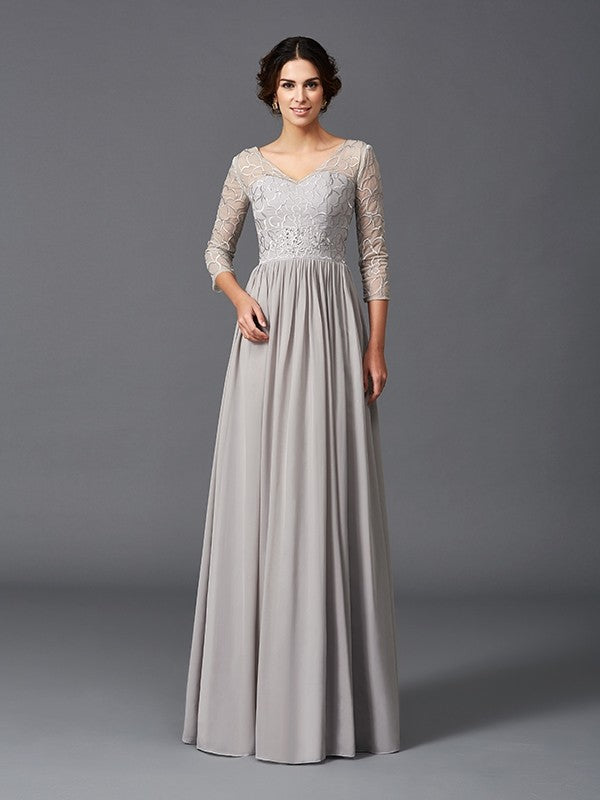 A-Line V-Neck Chiffon Three-Quarter Sleeve Ruffled Dress - Chloe Dress