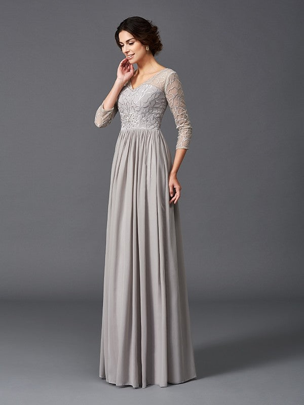 A-Line V-Neck Chiffon Three-Quarter Sleeve Ruffled Dress - Chloe Dress