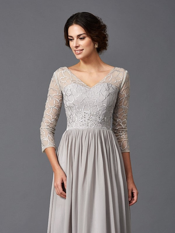 A-Line V-Neck Chiffon Three-Quarter Sleeve Ruffled Dress - Chloe Dress