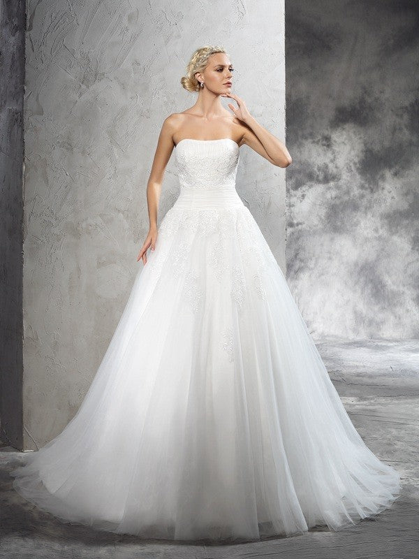 Ball Gown Strapless Satin Sleeveless Applique Wedding Gown - Chloe Dress