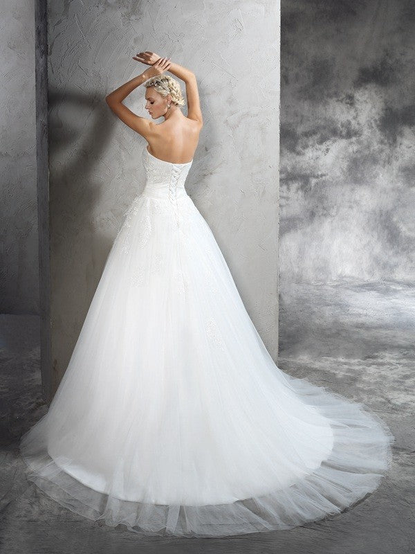 Ball Gown Strapless Satin Sleeveless Applique Wedding Gown - Chloe Dress