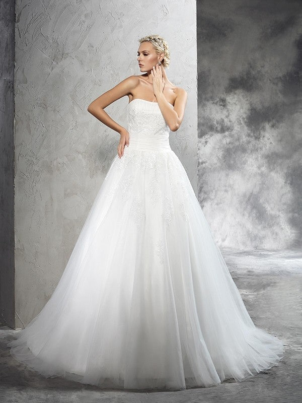 Ball Gown Strapless Satin Sleeveless Applique Wedding Gown - Chloe Dress