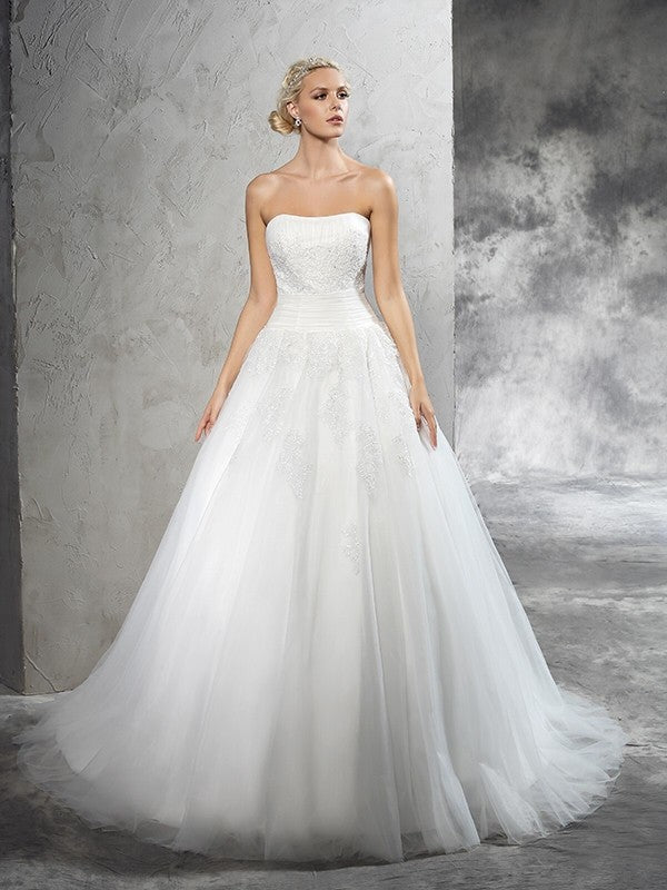 Ball Gown Strapless Satin Sleeveless Applique Wedding Gown - Chloe Dress