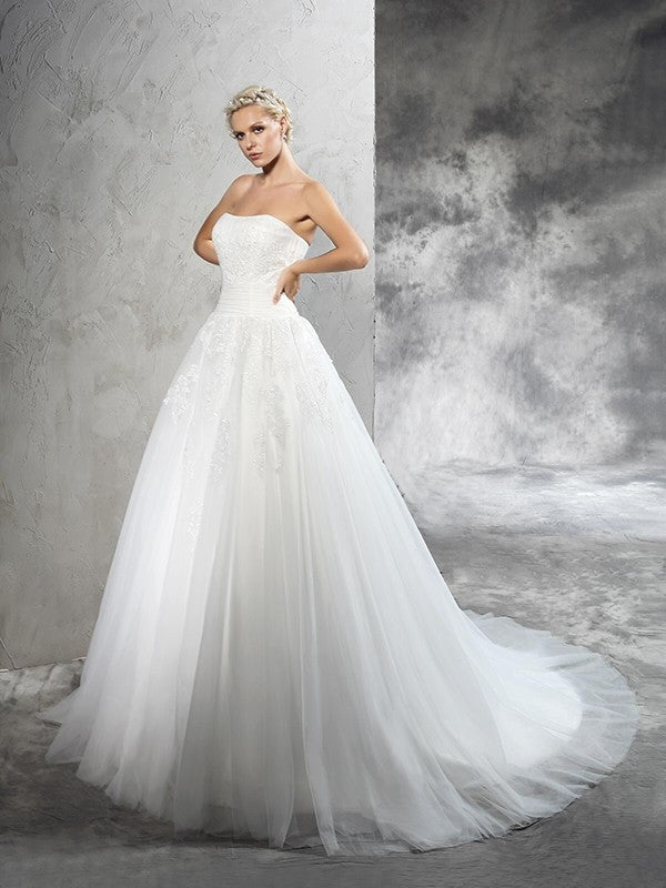 Ball Gown Strapless Satin Sleeveless Applique Wedding Gown - Chloe Dress