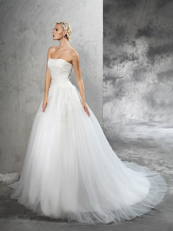 Ball Gown Strapless Satin Sleeveless Applique Wedding Gown - Chloe Dress