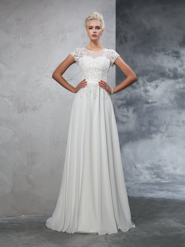 A-Line Chiffon Short Sleeve Applique Mini Wedding Dress - Chloe Dress