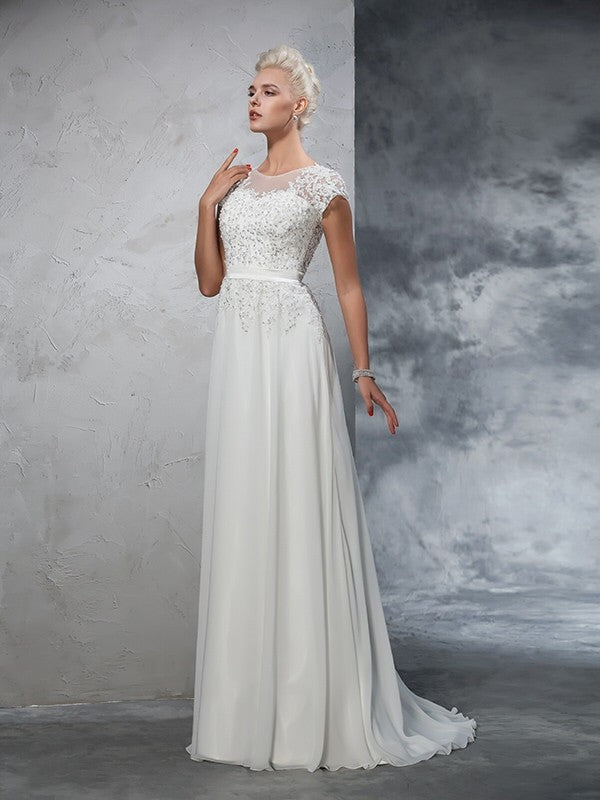 A-Line Chiffon Short Sleeve Applique Mini Wedding Dress - Chloe Dress